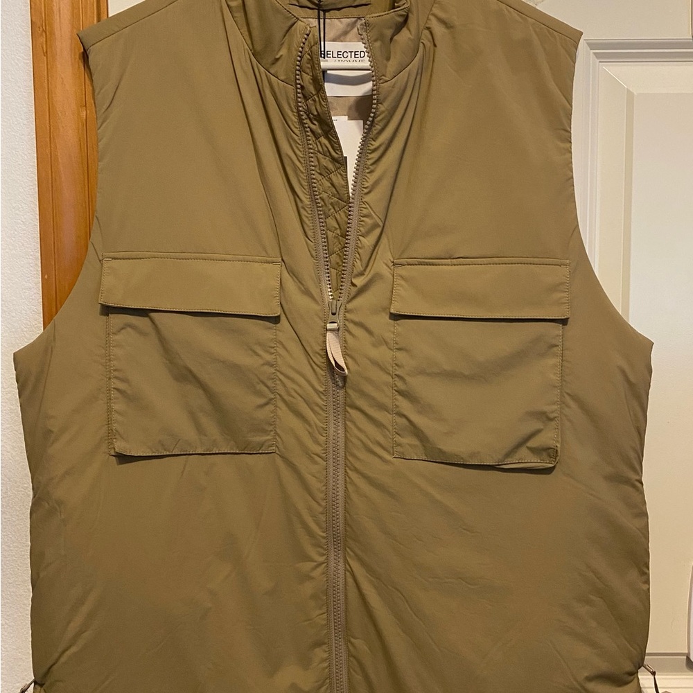 Selected Homme Men's Olive Utility Vest with Front Zip